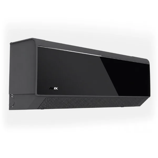 Een AUX Airconditioning wandmodel in modern Zwart, een schuin aanzicht van de binnenunit