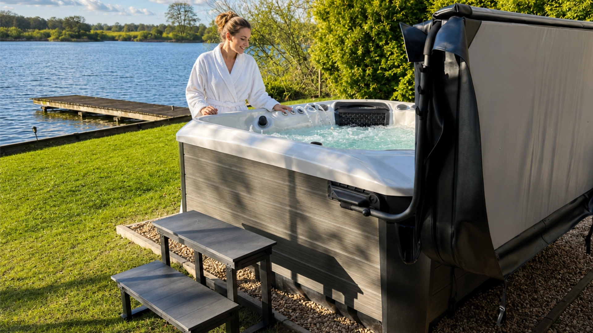 Een spa in een tuin met een dame die klaar staat om te gaan ontspannen.